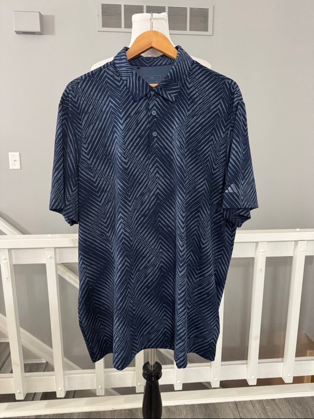 Adidas Navy ZigZag Print Performance Golf Polo Lightweight Stretch Size 2XL